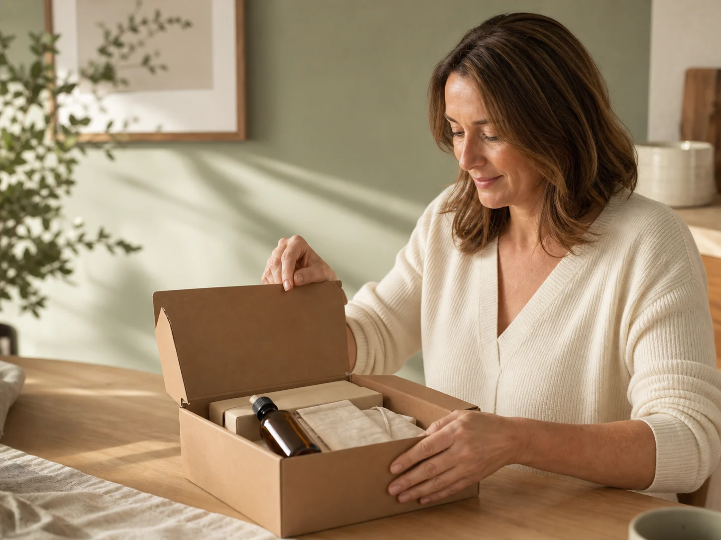 A woman opening a discreet care package at home